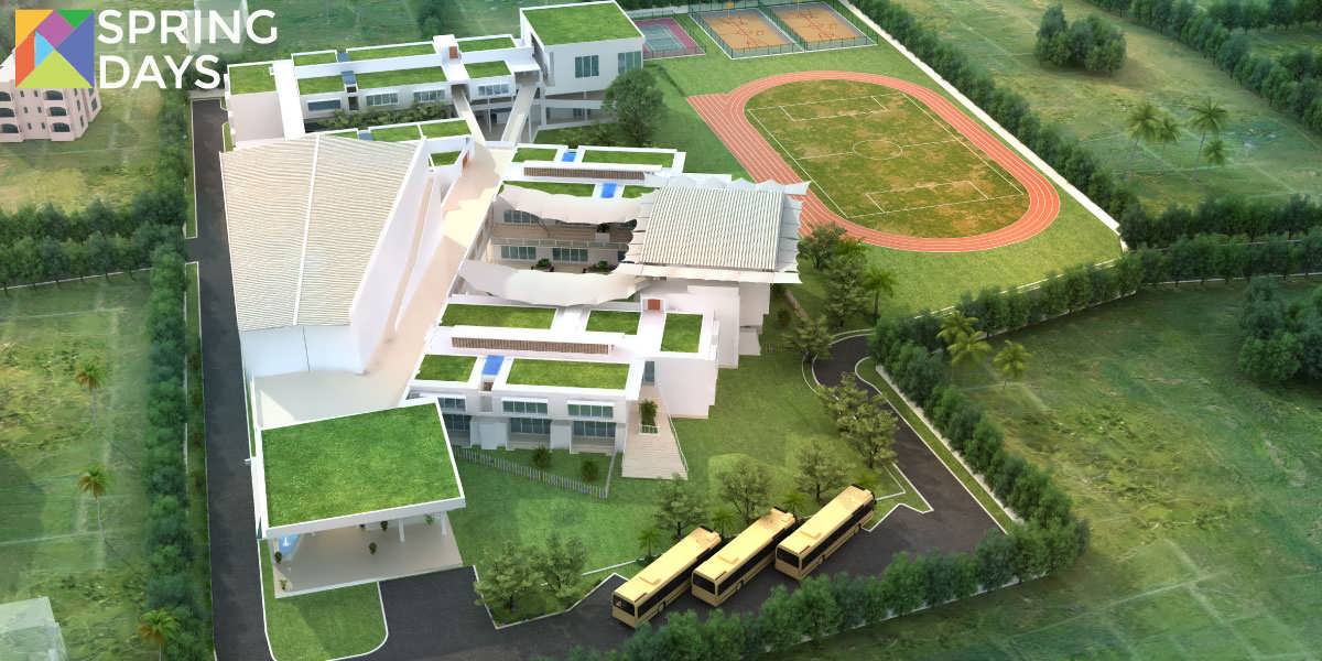 Aerial view of green campus and sports fields