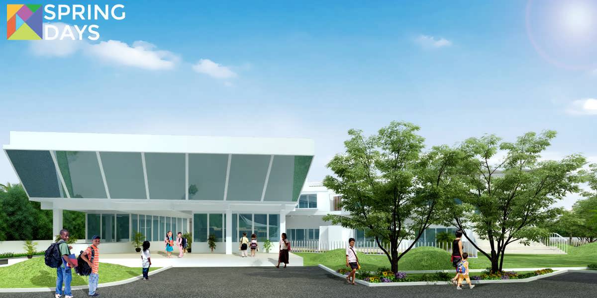 Spacious school entrance and courtyards