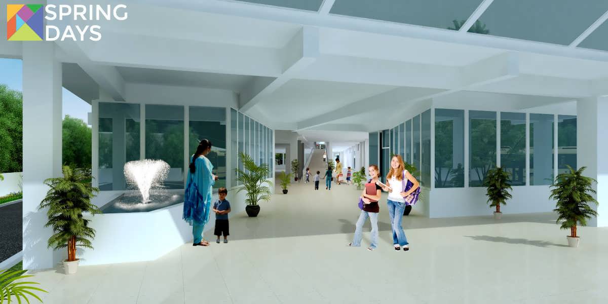 Classroom corridors and courtyard fountain